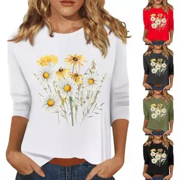 Женская мода повседневный принтованный топ с семью рукавами и круглым вырезом S