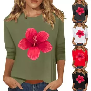 Женская мода повседневный принтованный топ с семью рукавами и круглым вырезом XXL красный