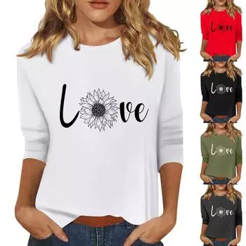 Женская мода повседневный принтованный топ с семью рукавами и круглым вырезом M чёрный