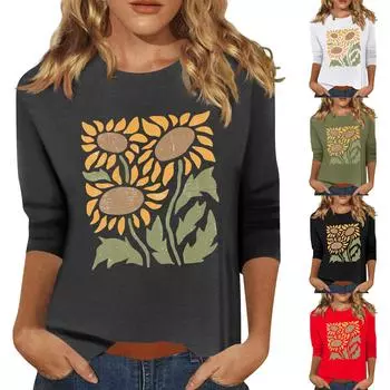 Женская мода повседневный принтованный топ с семью рукавами и круглым вырезом M красный