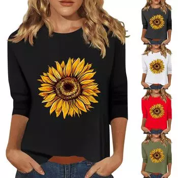 Женская мода повседневный принтованный топ с семью рукавами и круглым вырезом XXL чёрный