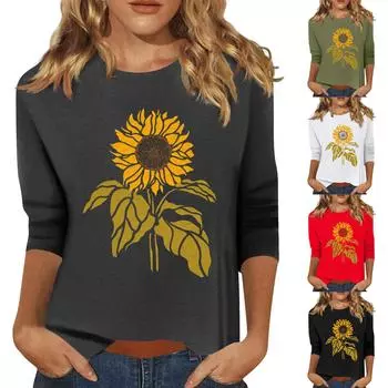 Женская мода повседневный принтованный топ с семью рукавами и круглым вырезом S