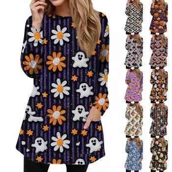 Женская мода повседневный пуловер футболка с круглым вырезом карман Хэллоуин принт длинный рукав топ L