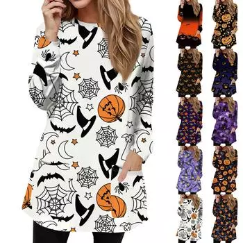 Женская мода повседневный пуловер футболка с круглым вырезом карман Хэллоуин принт длинный рукав топ S