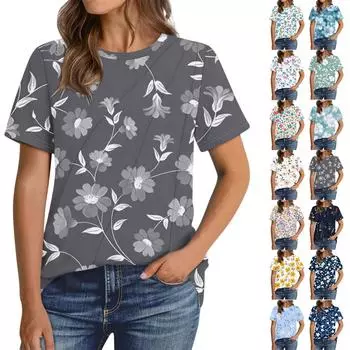 Женская мода повседневный пуловер с цветочным принтом с коротким рукавом S