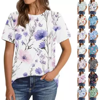 Женская мода повседневный пуловер с цветочным принтом с коротким рукавом XL