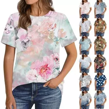 Женская мода повседневный пуловер с цветочным принтом с коротким рукавом M