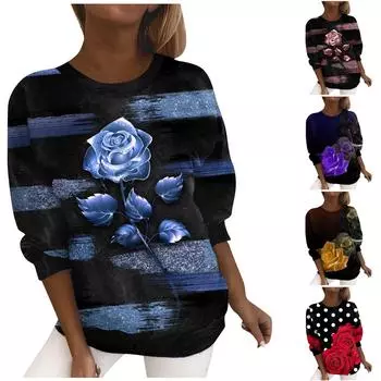Женская мода, повседневный пуловер с длинным рукавом и принтом, кофта с круглым вырезом, верхняя блузка XL чёрный