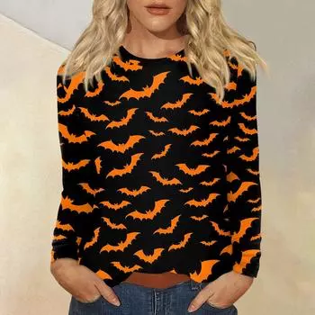 Женская мода, повседневный пуловер с длинными рукавами и круглым вырезом с принтом на Хэллоуин S чёрный
