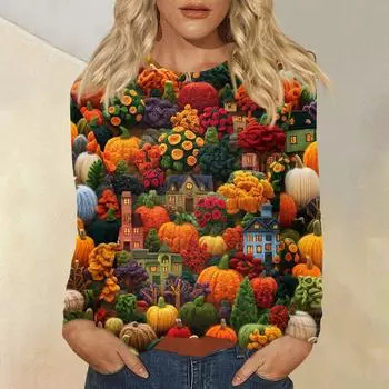 Женская мода, повседневный пуловер с длинными рукавами и круглым вырезом с принтом на Хэллоуин XL