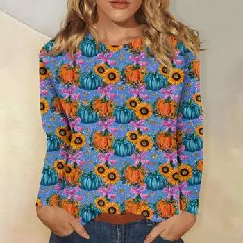 Женская мода, повседневный пуловер с длинными рукавами и круглым вырезом с принтом на Хэллоуин L синий