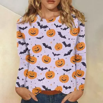 Женская мода, повседневный пуловер с длинными рукавами и круглым вырезом с принтом на Хэллоуин M