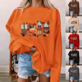 Женская мода, повседневный пуловер с длинными рукавами и капюшоном, толстовка с принтом на Хэллоуин