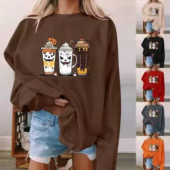 Женская мода, повседневный пуловер с длинными рукавами и капюшоном, толстовка с принтом на Хэллоуин