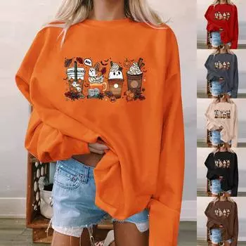Женская мода, повседневный пуловер с длинными рукавами и капюшоном, толстовка с принтом на Хэллоуин S серый