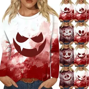 Женская мода, повседневный пуловер с длинными рукавами и круглым вырезом с принтом на Хэллоуин S хаки
