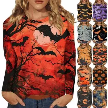 Женская мода, повседневный пуловер с длинными рукавами и круглым вырезом с принтом на Хэллоуин XXL киноварь