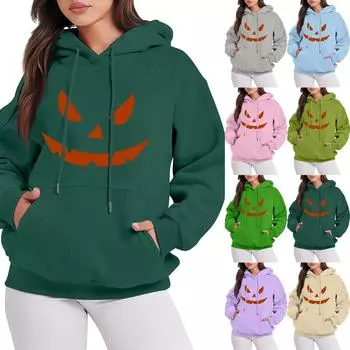 Женская мода, повседневный пуловер с длинными рукавами и капюшоном, толстовка с принтом на Хэллоуин L