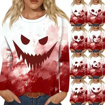 Женская мода, повседневный пуловер с длинными рукавами и круглым вырезом с принтом на Хэллоуин XXXL