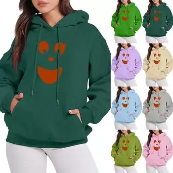 Женская мода, повседневный пуловер с длинными рукавами и капюшоном, толстовка с принтом на Хэллоуин XL