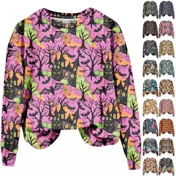 Женская мода, повседневный пуловер с длинными рукавами и капюшоном, толстовка с принтом на Хэллоуин S тёмно-синий