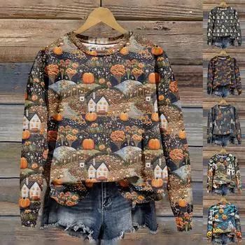 Женская мода, повседневный пуловер с длинными рукавами и капюшоном, толстовка с принтом на Хэллоуин XXL синий