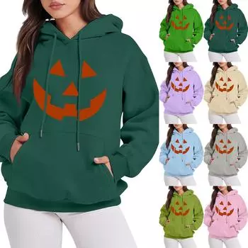 Женская мода, повседневный пуловер с длинными рукавами и капюшоном, толстовка с принтом на Хэллоуин XL серый