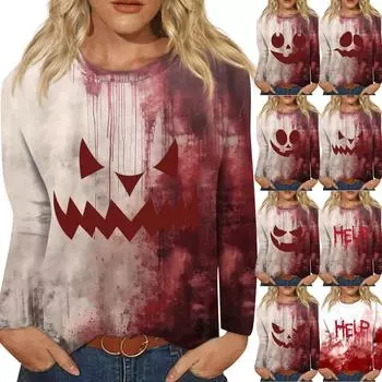 Женская мода, повседневный пуловер с длинными рукавами и круглым вырезом с принтом на Хэллоуин L хаки