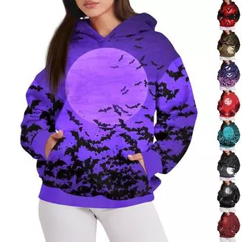 Женская мода повседневный пуловер с капюшоном толстовка с длинным рукавом с принтом на Хэллоуин L коричневый