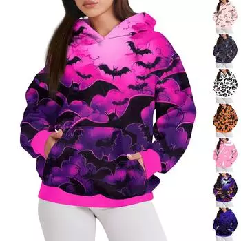 Женская мода повседневный пуловер с капюшоном толстовка с длинным рукавом с принтом на Хэллоуин L темно-синий