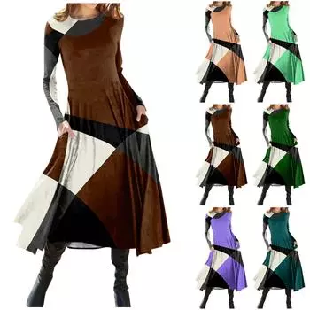 Женская мода повседневный пуловер с круглым вырезом и принтом, облегающее платье с длинным рукавом L коричневый