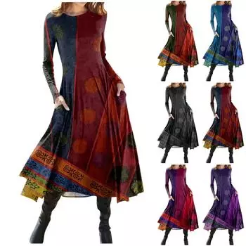 Женская мода повседневный пуловер с круглым вырезом и принтом, облегающее платье с длинным рукавом L синий