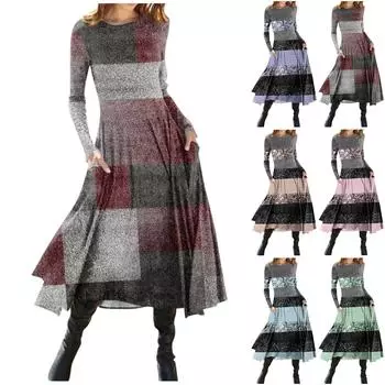 Женская мода повседневный пуловер с круглым вырезом и принтом, облегающее платье с длинным рукавом L винный