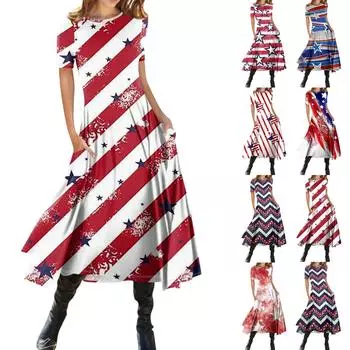 Женская мода, повседневный пуловер с круглым вырезом и принтом на День независимости, облегающее платье с короткими рукавами L синий