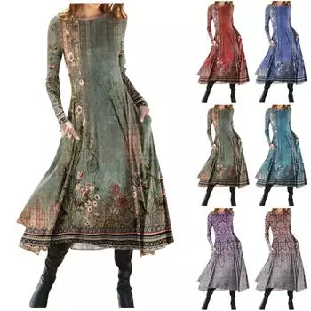 Женская мода повседневный пуловер с круглым вырезом и принтом, облегающее платье с длинным рукавом L циан