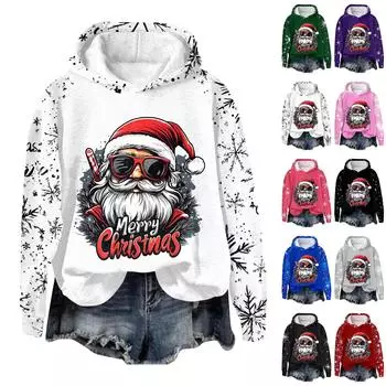 Женская мода повседневный пуловер с рукавами-заглушками и рождественским принтом с капюшоном XXXL