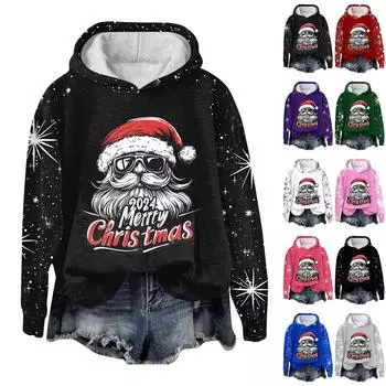 Женская мода повседневный пуловер с рукавами-заглушками и рождественским принтом с капюшоном M синий