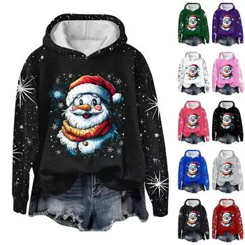 Женская мода повседневный пуловер с рукавами-заглушками и рождественским принтом с капюшоном XXXL чёрный