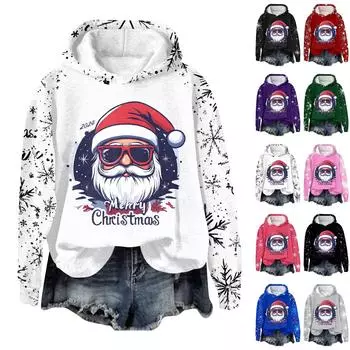 Женская мода повседневный пуловер с рукавами-заглушками и рождественским принтом с капюшоном M