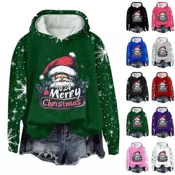 Женская мода повседневный пуловер с рукавами-заглушками и рождественским принтом с капюшоном L чёрный