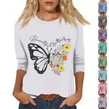 Женская мода повседневный пуловер с рукавом три четверти и цветочным принтом XXL циан