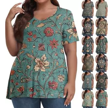 Женская мода повседневный пуловер с V-образным вырезом короткий рукав большой размер винтажный принтованный топ XXXXXL синий