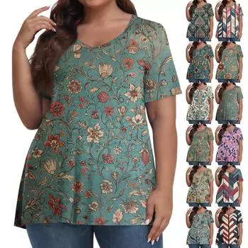 Женская мода повседневный пуловер с V-образным вырезом короткий рукав большой размер винтажный принтованный топ L