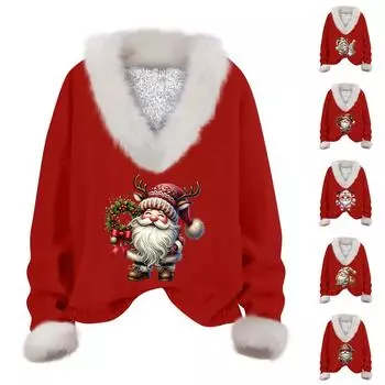 Женская мода повседневный рождественский принт длинный рукав V-образный вырез трикотажный свитер пуловер топ S розовый