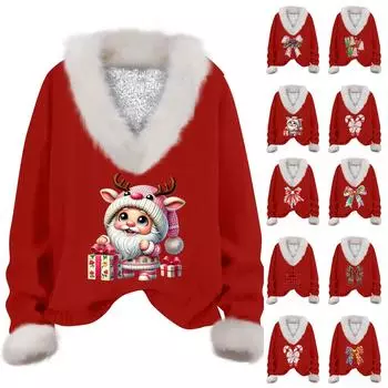 Женская мода повседневный рождественский принт длинный рукав V-образный вырез трикотажный свитер пуловер топ XL красный