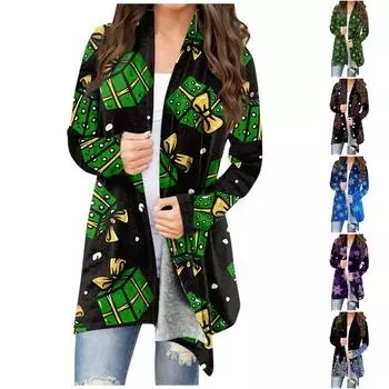 Женская мода, повседневный рождественский принт, кардиган средней длины, куртка, пальто XL армия зеленый