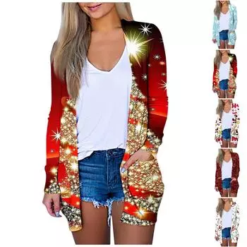 Женская мода, повседневный рождественский принт, кардиган средней длины, куртка, пальто L