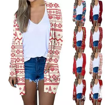 Женская мода, повседневный рождественский принт, кардиган средней длины, куртка, пальто L