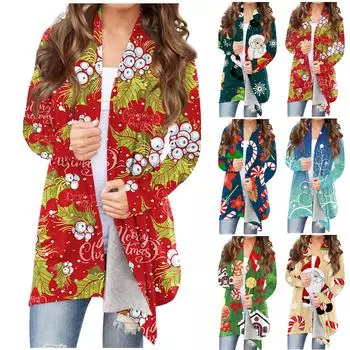 Женская мода, повседневный рождественский принт, кардиган средней длины, куртка, пальто XXXL хаки