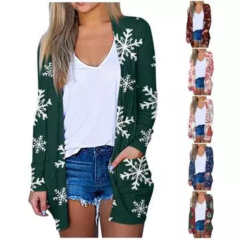 Женская мода, повседневный рождественский принт, кардиган средней длины, карманное пальто XXL белый
